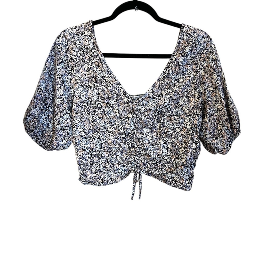 Lush Blue and White Puff Sleeve Crop Blouse